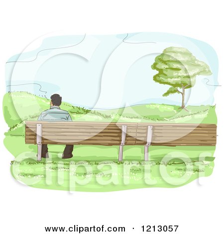 Clipart of a Lone Man Sitting on a Bench with a View - Royalty Free Vector Illustration by BNP Design Studio