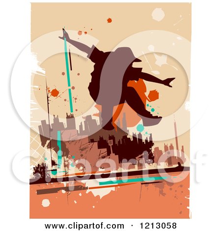 Clipart of a Silhouetted Parkour Practitioner over Grunge and Orange - Royalty Free Vector Illustration by BNP Design Studio