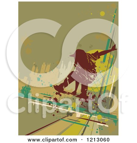 Clipart of a Silhouetted Skateboarder over Grunge and Green - Royalty Free Vector Illustration by BNP Design Studio