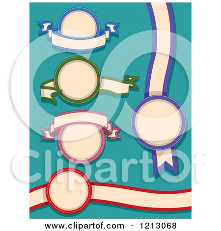 Clipart of Round Labels with Ribbons on Turquoise - Royalty Free Vector Illustration by BNP Design Studio