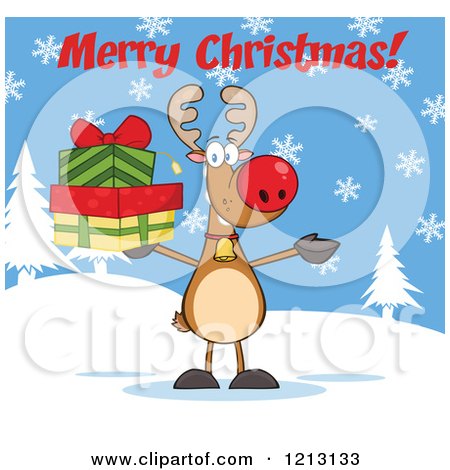 Cartoon of a Reindeer Holding Gifts Under a Merry Christmas Greeting - Royalty Free Vector Clipart by Hit Toon