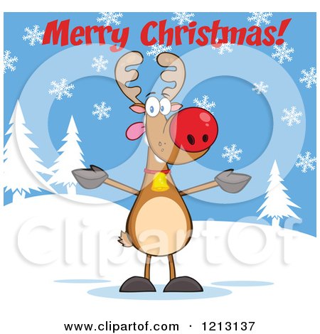 Cartoon of a Reindeer Wanting a Hug Under Merry Christmas Text - Royalty Free Vector Clipart by Hit Toon