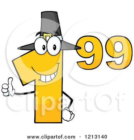Cartoon of a Dollar Ninety Nine Cent Mascot with a Pilgrim Hat Holding a Thumb up - Royalty Free Vector Clipart by Hit Toon
