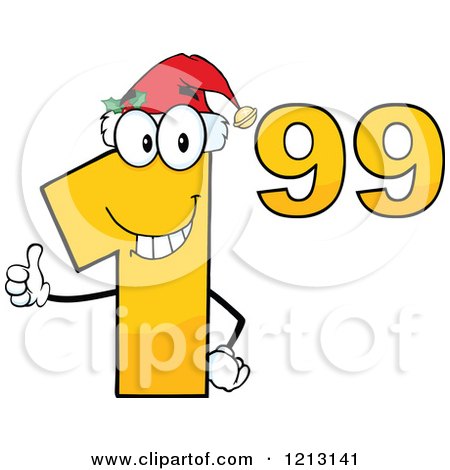 Cartoon of a Dollar Ninety Nine Cent Mascot with a Santa Hat, Holding a Thumb up - Royalty Free Vector Clipart by Hit Toon