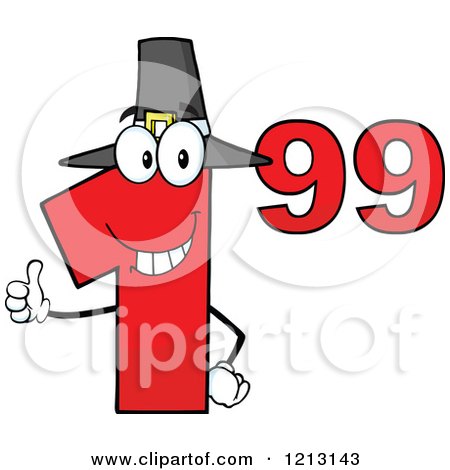 Cartoon of a Red Dollar Ninety Nine Cent Mascot with a Pilgrim Hat, Holding a Thumb up - Royalty Free Vector Clipart by Hit Toon