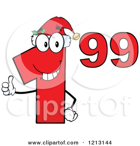 Cartoon of a Red Dollar Ninety Nine Cent Mascot with a Santa Hat, Holding a Thumb up - Royalty Free Vector Clipart by Hit Toon