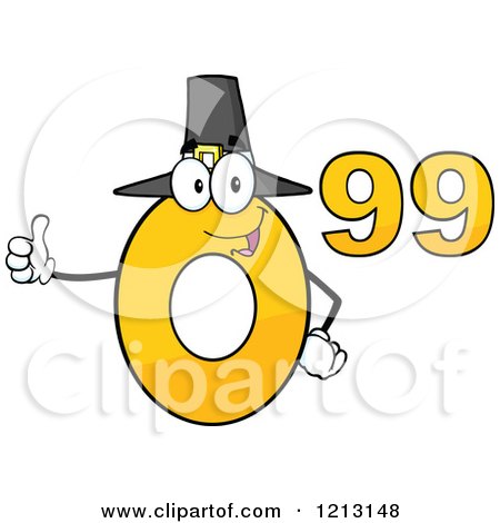 Cartoon of a Yellow Ninety Nine Cent Mascot with a Pilgrim Hat Holding a Thumb up - Royalty Free Vector Clipart by Hit Toon