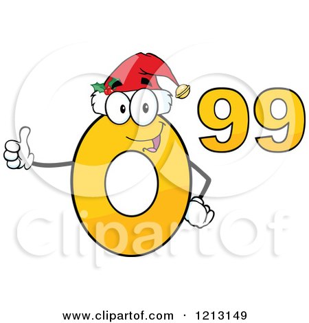 Cartoon of a Yellow Ninety Nine Cent Mascot with a Santa Hat, Holding a Thumb up - Royalty Free Vector Clipart by Hit Toon