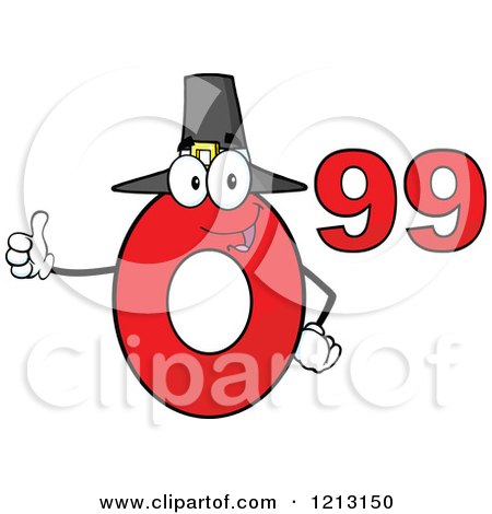 Cartoon of a Red Ninety Nine Cent Mascot with a Pilgrim Hat, Holding a Thumb up - Royalty Free Vector Clipart by Hit Toon