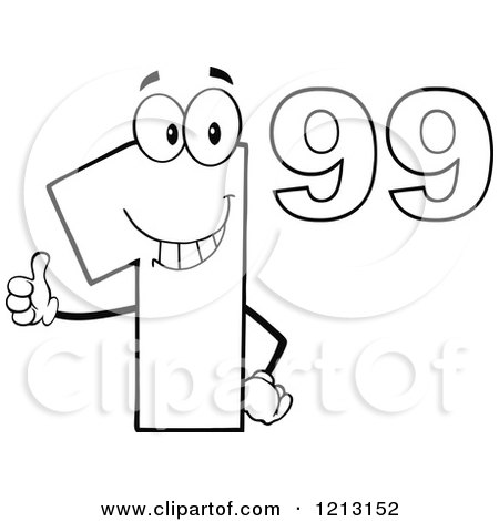 Cartoon of an Outlined Dollar Ninety Nine Cent Mascot Holding a Thumb up - Royalty Free Vector Clipart by Hit Toon