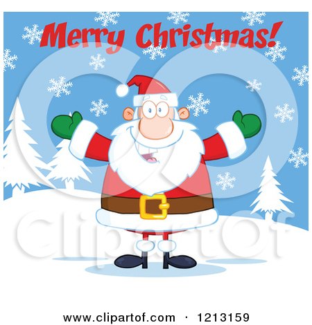 Cartoon of a Jolly Santa Holding His Arms Wide Under Merry Christmas Text in the Snow - Royalty Free Vector Clipart by Hit Toon