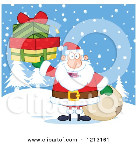 Cartoon of a Jolly Santa Holding Christmas Gifts by a Sack in the Snow - Royalty Free Vector Clipart by Hit Toon