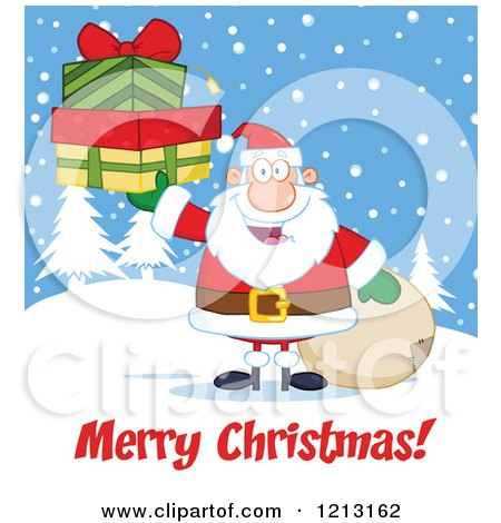 Cartoon of a Jolly Santa Holding Christmas Gifts by a Sack over a Merry Christmas Greeting - Royalty Free Vector Clipart by Hit Toon