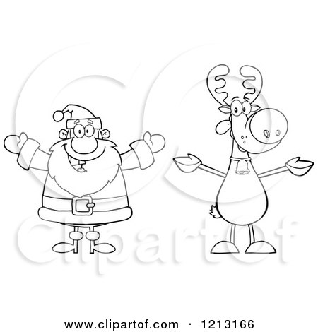 Cartoon of an Outlined Happy Santa and Reindeer - Royalty Free Vector Clipart by Hit Toon