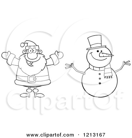 Cartoon of an Outlined Happy Santa and Snowman - Royalty Free Vector Clipart by Hit Toon