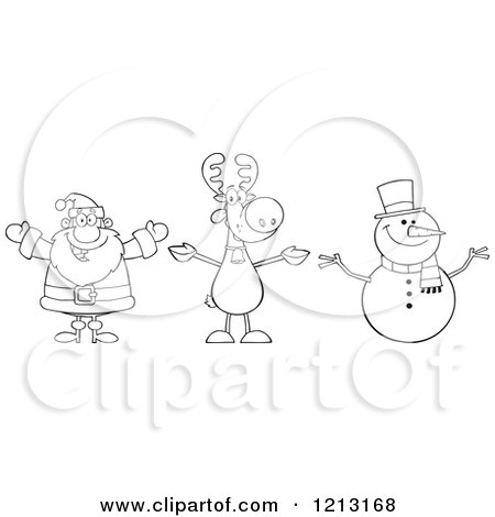 Cartoon of an Outlined Happy Santa Snowman and Reindeer - Royalty Free Vector Clipart by Hit Toon