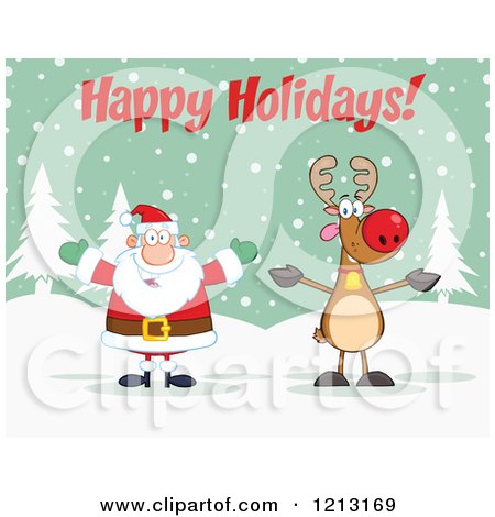 Cartoon of a Happy Santa and Reindeer Under Happy Holidays Text - Royalty Free Vector Clipart by Hit Toon
