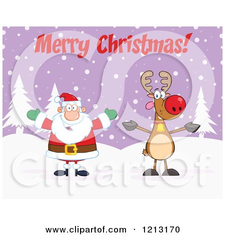Cartoon of a Happy Santa and Reindeer Under Merry Christmas Text - Royalty Free Vector Clipart by Hit Toon