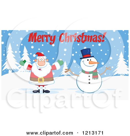 Cartoon of a Happy Santa and Snowman Under Merry Christmas Text - Royalty Free Vector Clipart by Hit Toon