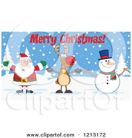 Cartoon of a Happy Santa Snowman and Reindeer with Merry Christmas Text - Royalty Free Vector Clipart by Hit Toon