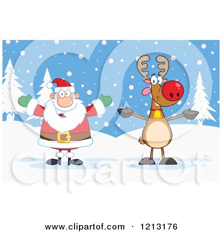 Cartoon of a Happy Santa and Reindeer in the Snow - Royalty Free Vector Clipart by Hit Toon