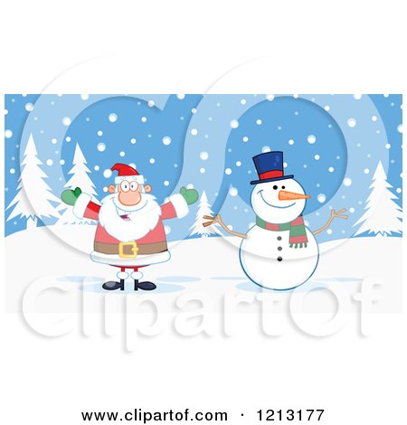Cartoon of a Happy Santa and Snowman Outdoors - Royalty Free Vector Clipart by Hit Toon