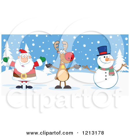 Cartoon of a Happy Santa Snowman and Reindeer Outdoors - Royalty Free Vector Clipart by Hit Toon