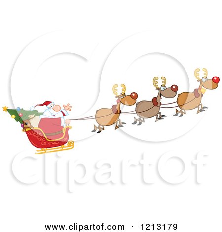 Cartoon of a Waving Santa Flying a Magic Christmas Sleigh - Royalty Free Vector Clipart by Hit Toon