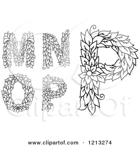Clipart of Black and White Floral Leafy Letters M N O and P - Royalty Free Vector Illustration by Vector Tradition SM