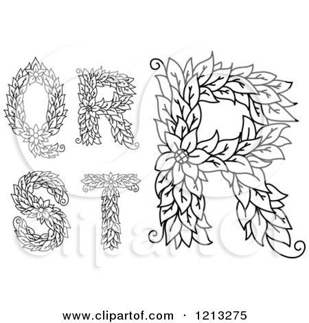Clipart of Black and White Leafy Floral Letters Q R S and T - Royalty Free Vector Illustration by Vector Tradition SM
