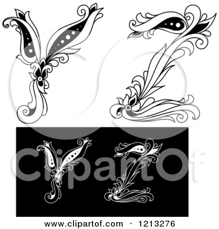 Clipart of a Black and White Vintage Floral Letter Y and Z - Royalty Free Vector Illustration by Vector Tradition SM