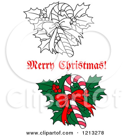 Clipart of a Merry Christmas Greeting and Holly with a Candy Cane - Royalty Free Vector Illustration by Vector Tradition SM
