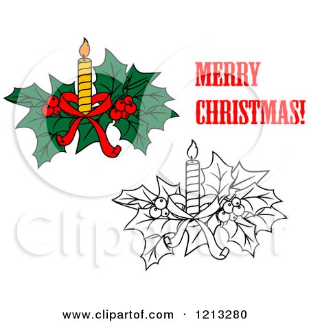 Clipart of a Merry Christmas Greeting with Holly and a Candle - Royalty Free Vector Illustration by Vector Tradition SM