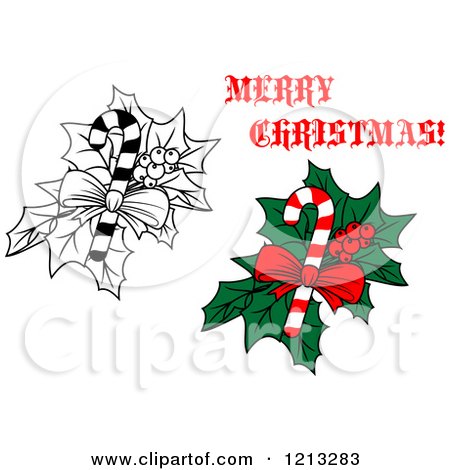 Clipart of a Merry Christmas Greeting and Holly and Candy Canes - Royalty Free Vector Illustration by Vector Tradition SM