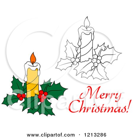 Clipart of a Merry Christmas Greeting with a Candle and Holly - Royalty Free Vector Illustration by Vector Tradition SM