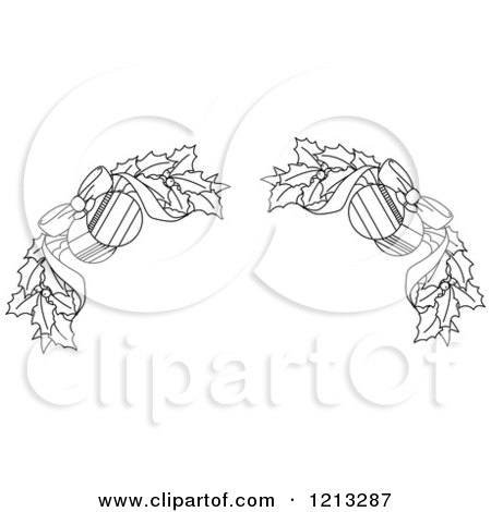 Clipart of a Black and White Christmas Holly and Ornament Border 2 - Royalty Free Vector Illustration by Vector Tradition SM