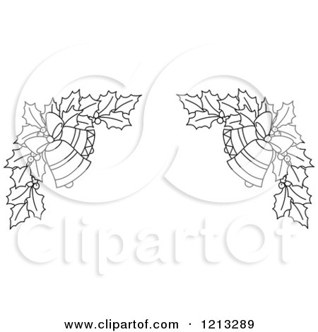 Clipart of a Black and White Christmas Holly and Bells Border 3 - Royalty Free Vector Illustration by Vector Tradition SM