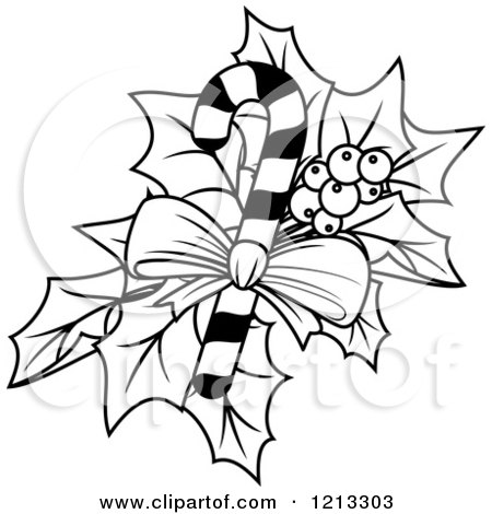 Clipart of a Black and White Candy Cane with Christmas Holly - Royalty Free Vector Illustration by Vector Tradition SM