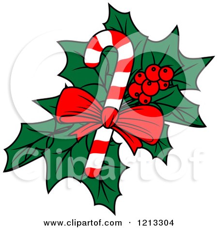 Clipart of Christmas Holly with a Candy Cane - Royalty Free Vector Illustration by Vector Tradition SM