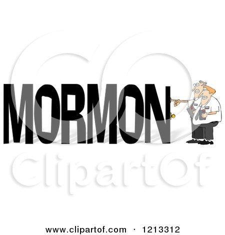 Cartoon of Mormon Missionaries Knocking on a Door to the Word MORMON - Royalty Free Clipart by djart