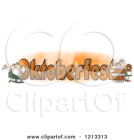 Cartoon of German Men and Women with Beer Around the Word OKTOBERFEST - Royalty Free Clipart by djart
