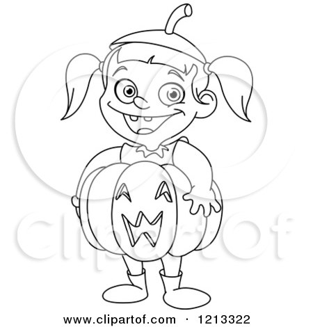 Cartoon of an Outlined Cute Halloween Girl Wearing a Jackolantern Pumpkin Costume - Royalty Free Vector Clipart by yayayoyo
