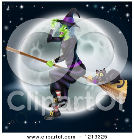 Cartoon of a Green Halloween Witch Flying with a Cat on a Broomstick over a Full Moon - Royalty Free Vector Clipart by AtStockIllustration