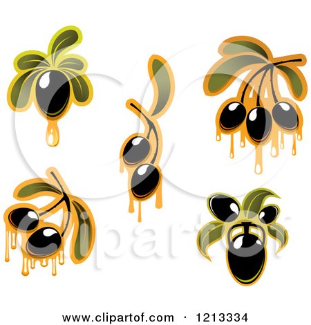 Clipart of Black Olives with Leaves and Dripping Oil - Royalty Free Vector Illustration by Vector Tradition SM