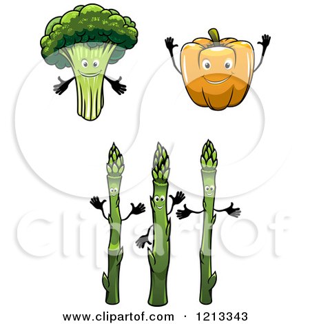 Clipart of Broccoli Orange Bell Pepper and Asparagus Mascots - Royalty Free Vector Illustration by Vector Tradition SM