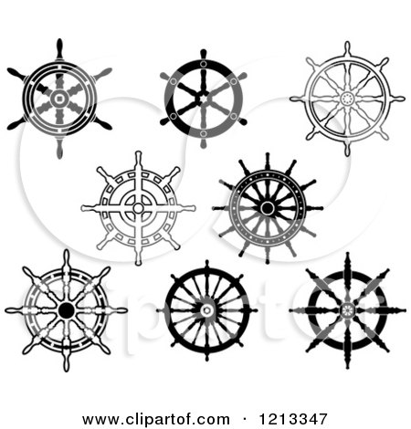 Clipart of Black and White Ship Steering Wheel Helms - Royalty Free Vector Illustration by Vector Tradition SM