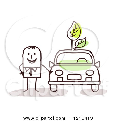 Clipart of a Stick People Man Standing by a Green Car with Leaves - Royalty Free Vector Illustration by NL shop