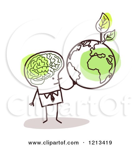 Clipart of a Stick People Man with a Visible Brain, Holding an Earth with Leaves - Royalty Free Vector Illustration by NL shop