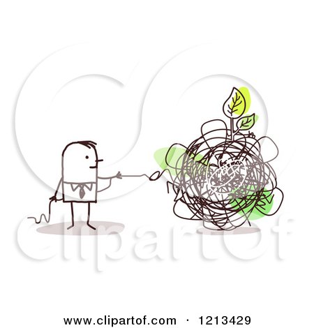 Clipart of a Stick People Man Untangling a Green Leaf from a Knot - Royalty Free Vector Illustration by NL shop