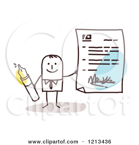Clipart of a Stick People Business Man Holding a Signed Letter and a Pen - Royalty Free Vector Illustration by NL shop